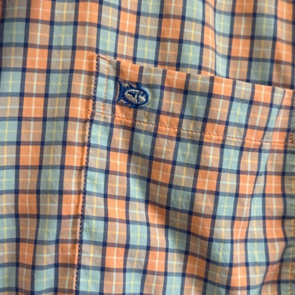 Southern Tide Performance Shirt Mens Large Orange Blue Plaid Excellent Skipjack - Picture 3 of 8
